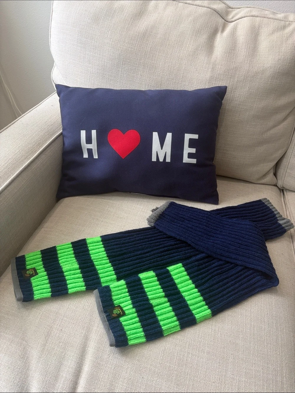 Navy and Neon Green Striped Rib Knit Leg Warmers (SEATTLE SEAHAWKS colors)
